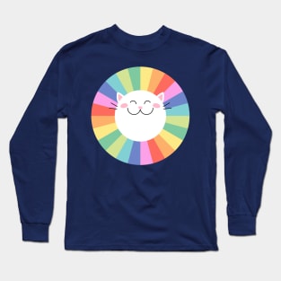 Happy Smiley Cat on Colorful Rainbow Long Sleeve T-Shirt